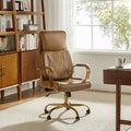 Chaise de bureau ergonomique en cuir PU avec support lombaire à coussin d'air, hauteur réglable et base en métal doré | Camel / Ivoire / Marron | Siège unique
