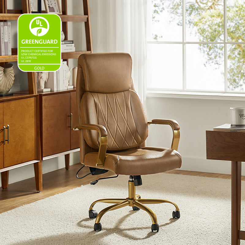 Chaise de bureau ergonomique en cuir PU avec support lombaire à coussin d'air, hauteur réglable et base en métal doré | Camel / Ivoire / Marron | Siège unique