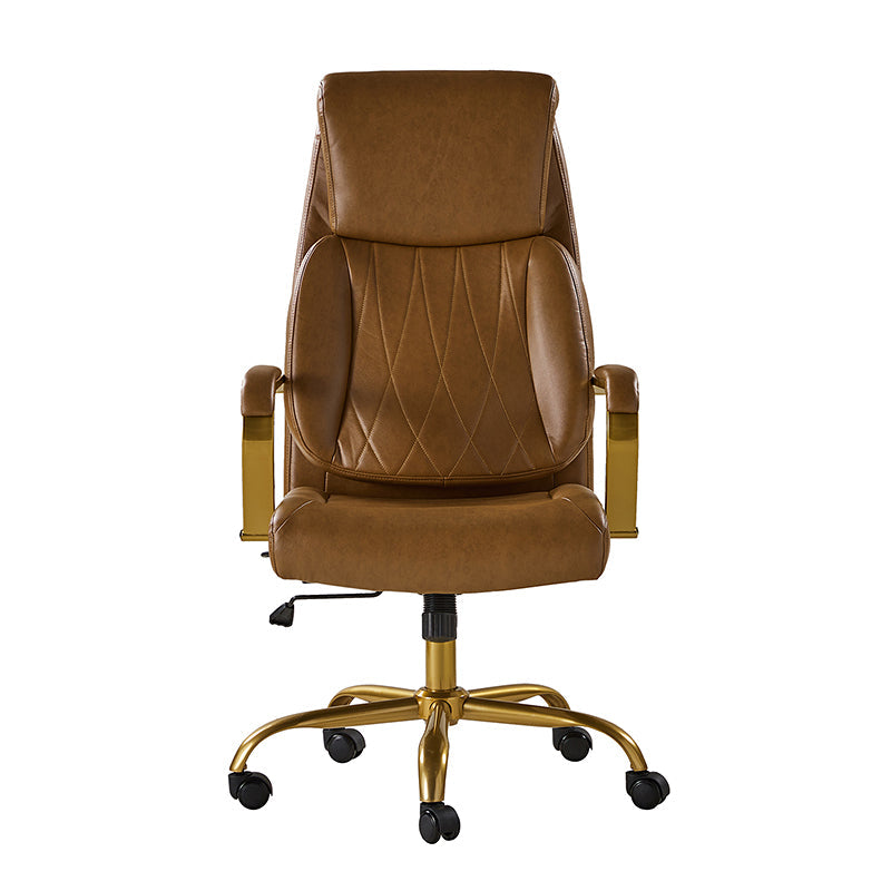 Chaise de bureau ergonomique en cuir PU avec support lombaire à coussin d'air, hauteur réglable et base en métal doré | Camel / Ivoire / Marron | Siège unique