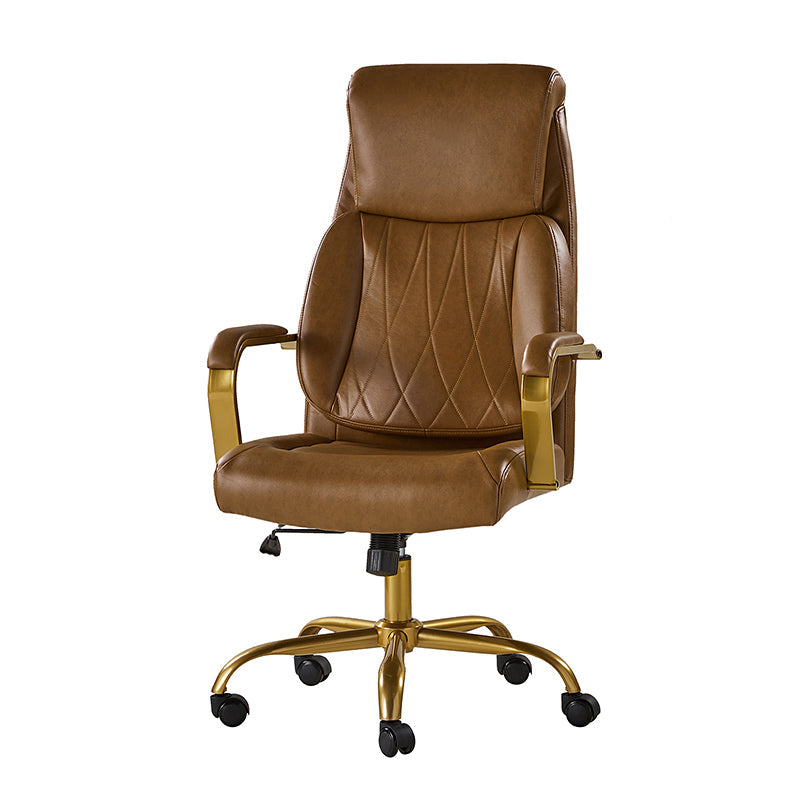 Chaise de bureau ergonomique en cuir PU avec support lombaire à coussin d'air, hauteur réglable et base en métal doré | Camel / Ivoire / Marron | Siège unique