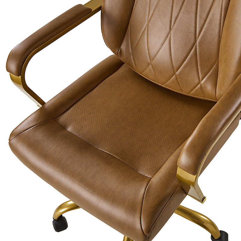 Chaise de bureau ergonomique en cuir PU avec support lombaire à coussin d'air, hauteur réglable et base en métal doré | Camel / Ivoire / Marron | Siège unique