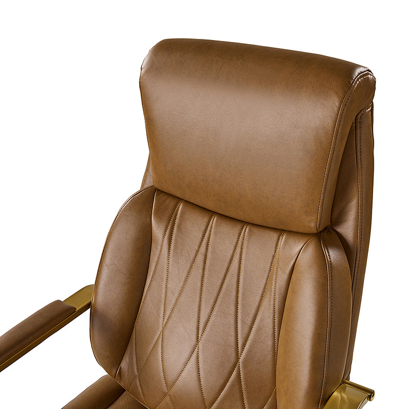Chaise de bureau ergonomique en cuir PU avec support lombaire à coussin d'air, hauteur réglable et base en métal doré | Camel / Ivoire / Marron | Siège unique