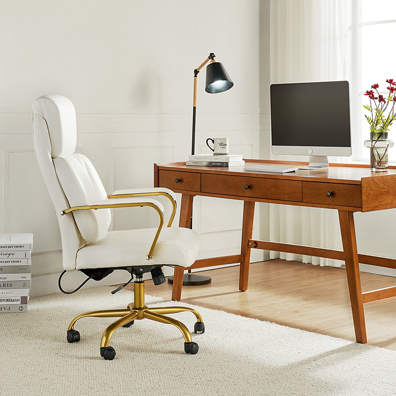 Chaise de bureau ergonomique en cuir PU avec support lombaire à coussin d'air, hauteur réglable et base en métal doré | Camel / Ivoire / Marron | Siège unique