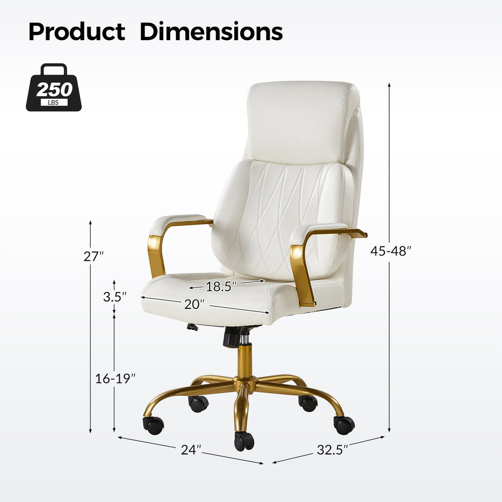 Chaise de bureau ergonomique en cuir PU avec support lombaire à coussin d'air, hauteur réglable et base en métal doré | Camel / Ivoire / Marron | Siège unique