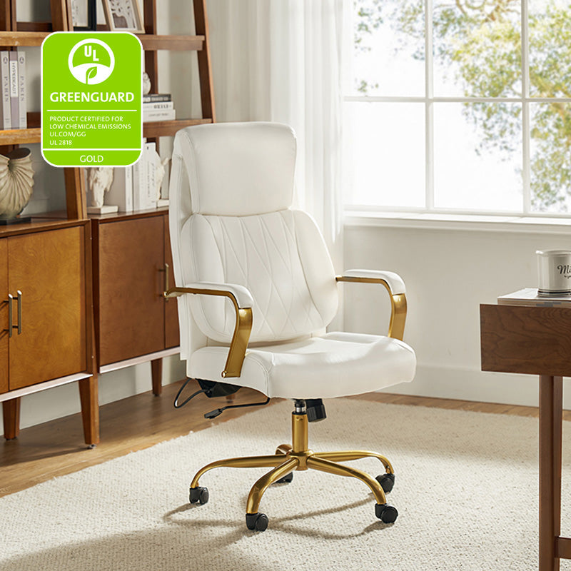 Chaise de bureau ergonomique en cuir PU avec support lombaire à coussin d'air, hauteur réglable et base en métal doré | Camel / Ivoire / Marron | Siège unique