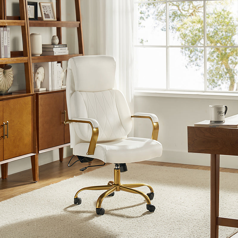 Chaise de bureau ergonomique en cuir PU avec support lombaire à coussin d'air, hauteur réglable et base en métal doré | Camel / Ivoire / Marron | Siège unique