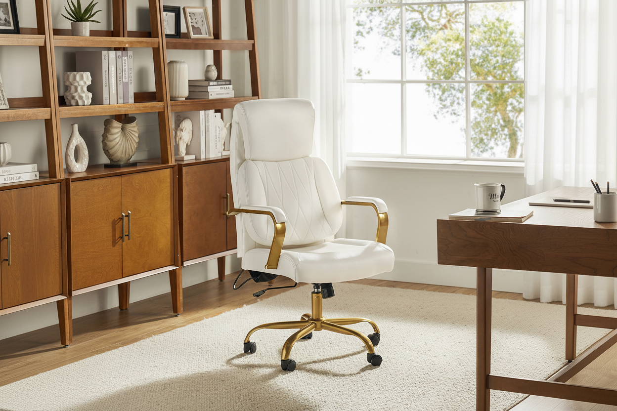 Chaise de bureau ergonomique en cuir PU avec support lombaire à coussin d'air, hauteur réglable et base en métal doré | Camel / Ivoire / Marron | Siège unique