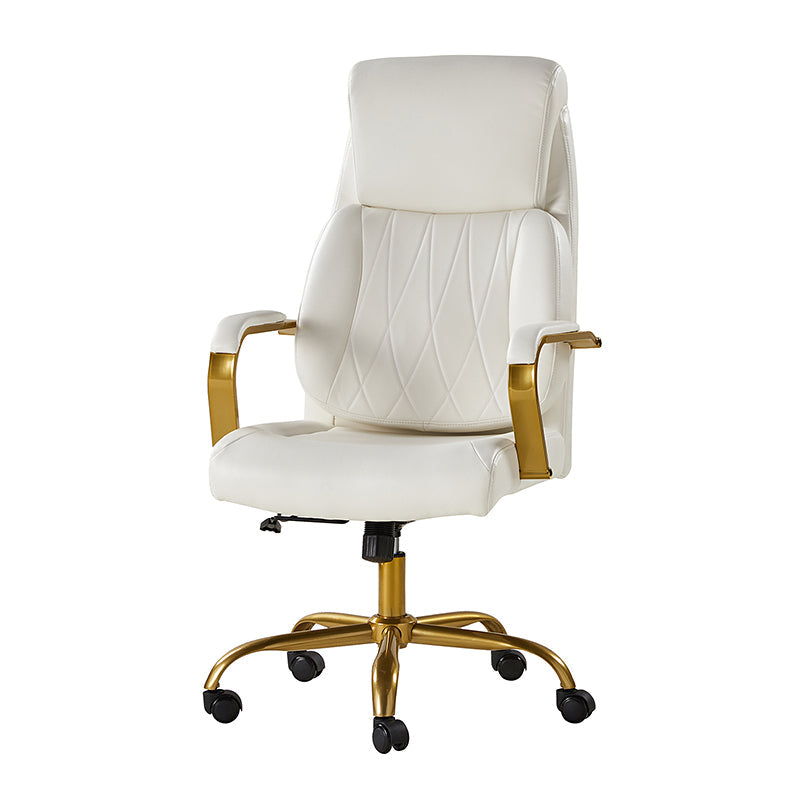 Chaise de bureau ergonomique en cuir PU avec support lombaire à coussin d'air, hauteur réglable et base en métal doré | Camel / Ivoire / Marron | Siège unique