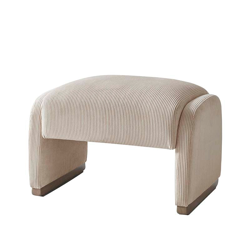 Ottoman rond en velours côtelé avec pieds en bois d'hévéa | Beige / Gris / Blanc | Simple