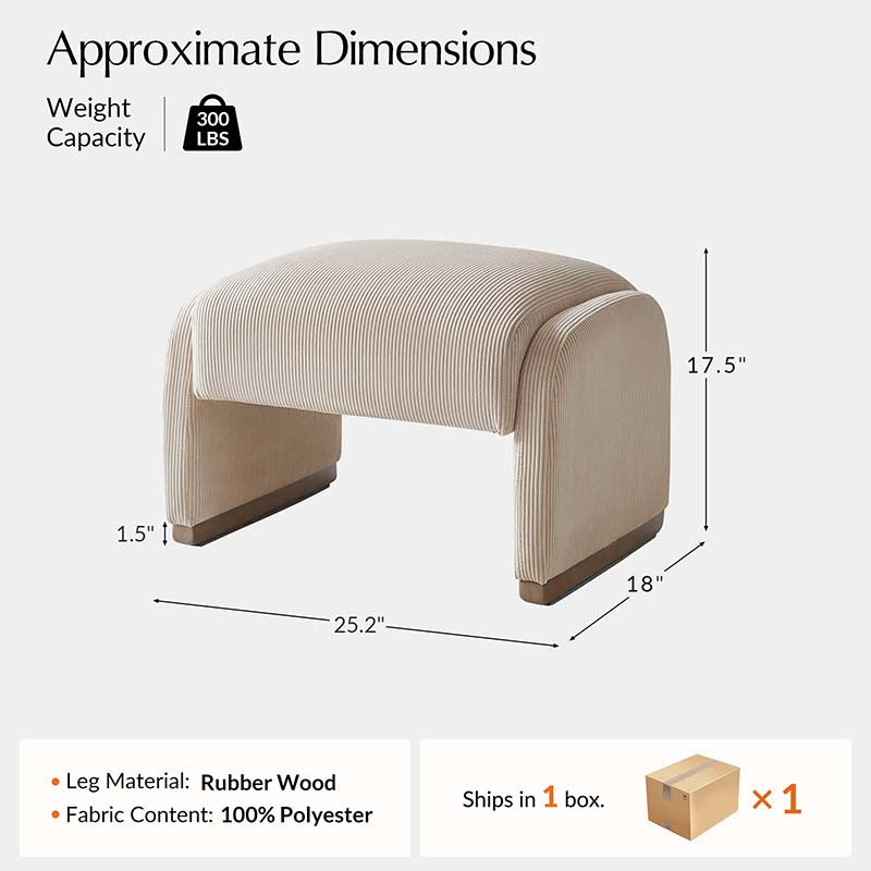 Ottoman rond en velours côtelé avec pieds en bois d'hévéa | Beige / Gris / Blanc | Simple