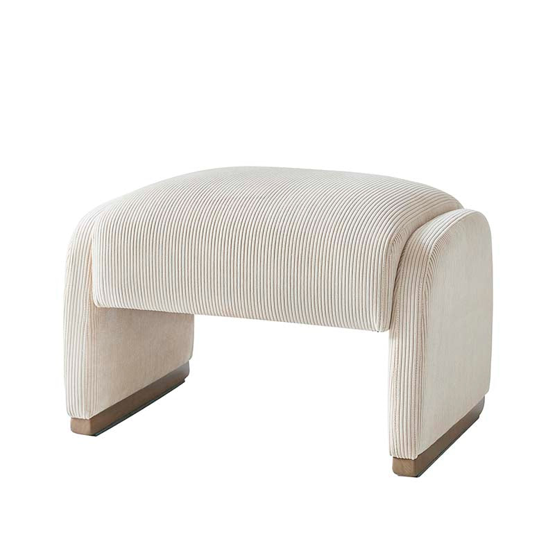 Ottoman rond en velours côtelé avec pieds en bois d'hévéa | Beige / Gris / Blanc | Simple
