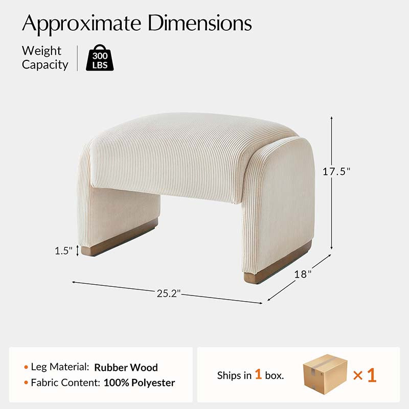 Ottoman rond en velours côtelé avec pieds en bois d'hévéa | Beige / Gris / Blanc | Simple