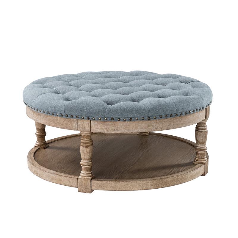Table basse de salon ottoman capitonnée ronde avec clous décoratifs, étagère de rangement et pieds en bois massif | Lin / Ivoire / Bleu / Gris | Unité
