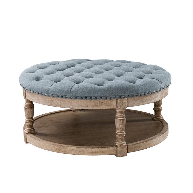 Table basse de salon ottoman capitonnée ronde avec clous décoratifs, étagère de rangement et pieds en bois massif | Lin / Ivoire / Bleu / Gris | Unité