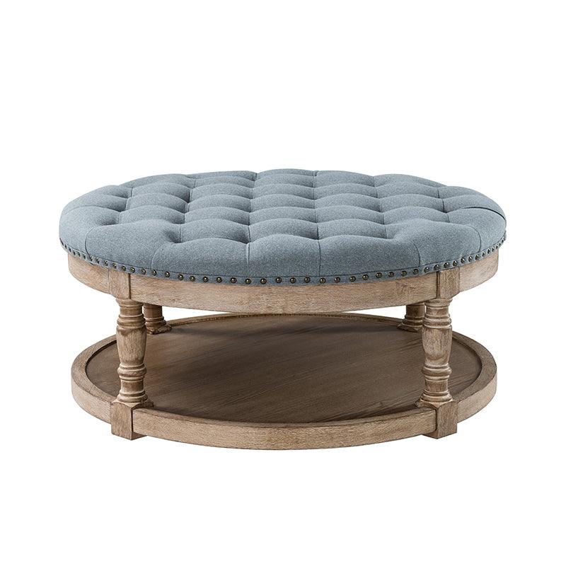 Table basse de salon ottoman capitonnée ronde avec clous décoratifs, étagère de rangement et pieds en bois massif | Lin / Ivoire / Bleu / Gris | Unité