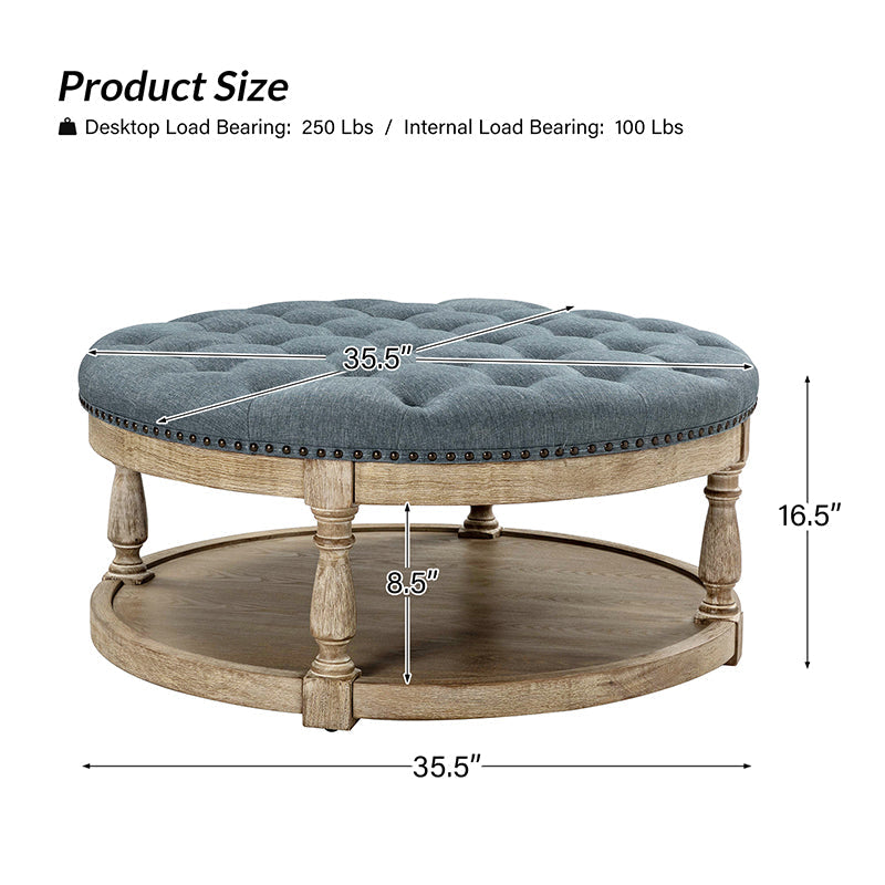 Table basse de salon ottoman capitonnée ronde avec clous décoratifs, étagère de rangement et pieds en bois massif | Lin / Ivoire / Bleu / Gris | Unité