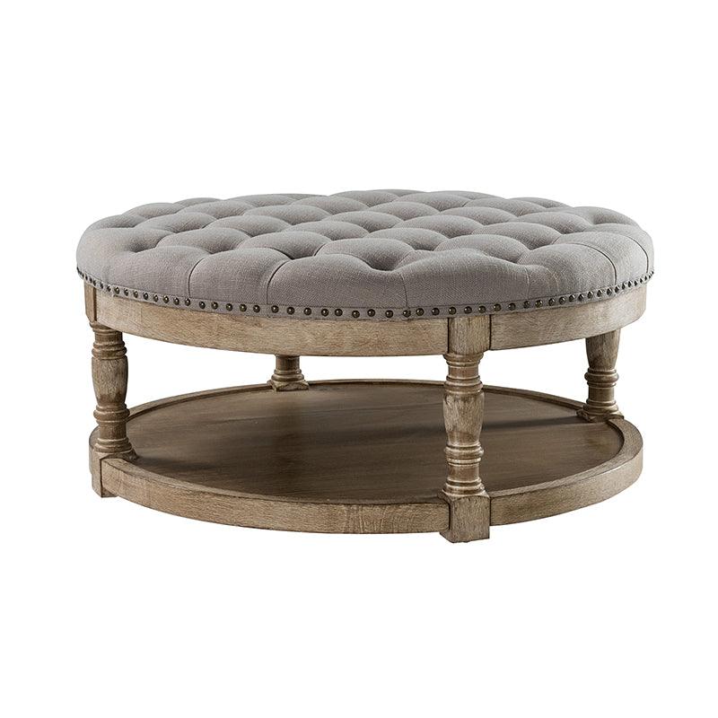 Table basse de salon ottoman capitonnée ronde avec clous décoratifs, étagère de rangement et pieds en bois massif | Lin / Ivoire / Bleu / Gris | Unité