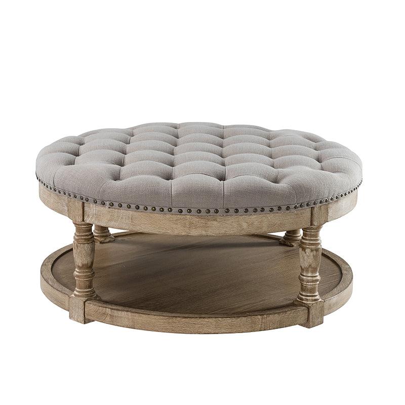 Table basse de salon ottoman capitonnée ronde avec clous décoratifs, étagère de rangement et pieds en bois massif | Lin / Ivoire / Bleu / Gris | Unité
