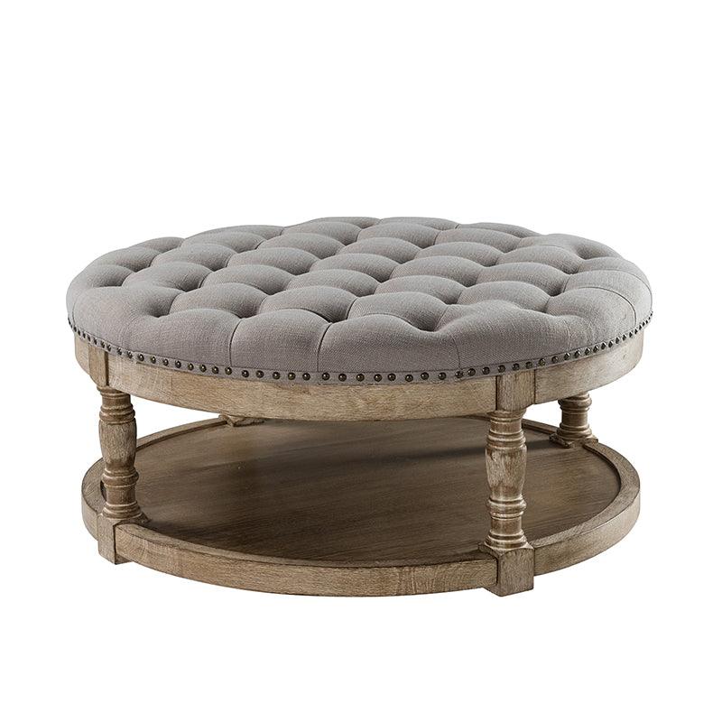 Table basse de salon ottoman capitonnée ronde avec clous décoratifs, étagère de rangement et pieds en bois massif | Lin / Ivoire / Bleu / Gris | Unité