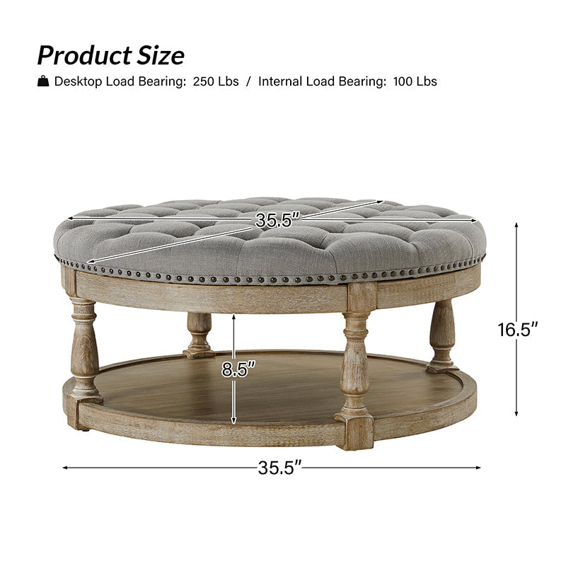 Table basse de salon ottoman capitonnée ronde avec clous décoratifs, étagère de rangement et pieds en bois massif | Lin / Ivoire / Bleu / Gris | Unité