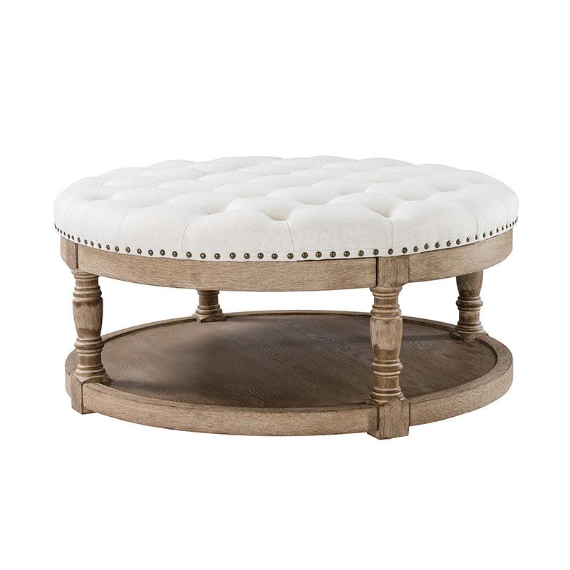 Table basse de salon ottoman capitonnée ronde avec clous décoratifs, étagère de rangement et pieds en bois massif | Lin / Ivoire / Bleu / Gris | Unité