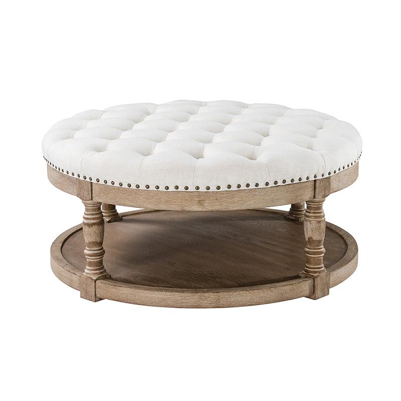 Table basse de salon ottoman capitonnée ronde avec clous décoratifs, étagère de rangement et pieds en bois massif | Lin / Ivoire / Bleu / Gris | Unité