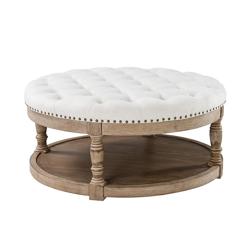 Table basse de salon ottoman capitonnée ronde avec clous décoratifs, étagère de rangement et pieds en bois massif | Lin / Ivoire / Bleu / Gris | Unité
