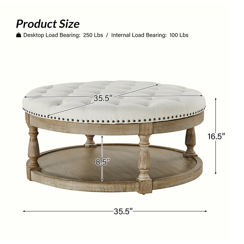 Table basse de salon ottoman capitonnée ronde avec clous décoratifs, étagère de rangement et pieds en bois massif | Lin / Ivoire / Bleu / Gris | Unité