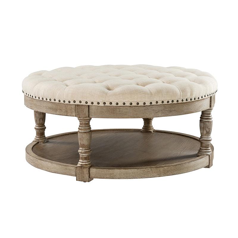 Table basse de salon ottoman capitonnée ronde avec clous décoratifs, étagère de rangement et pieds en bois massif | Lin / Ivoire / Bleu / Gris | Unité