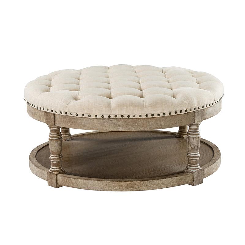 Table basse de salon ottoman capitonnée ronde avec clous décoratifs, étagère de rangement et pieds en bois massif | Lin / Ivoire / Bleu / Gris | Unité