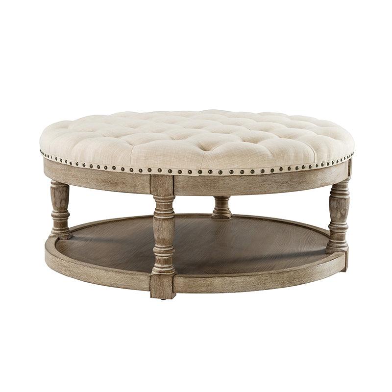 Table basse de salon ottoman capitonnée ronde avec clous décoratifs, étagère de rangement et pieds en bois massif | Lin / Ivoire / Bleu / Gris | Unité