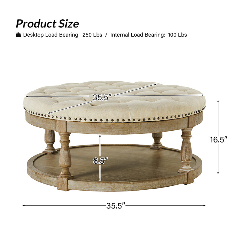 Table basse de salon ottoman capitonnée ronde avec clous décoratifs, étagère de rangement et pieds en bois massif | Lin / Ivoire / Bleu / Gris | Unité