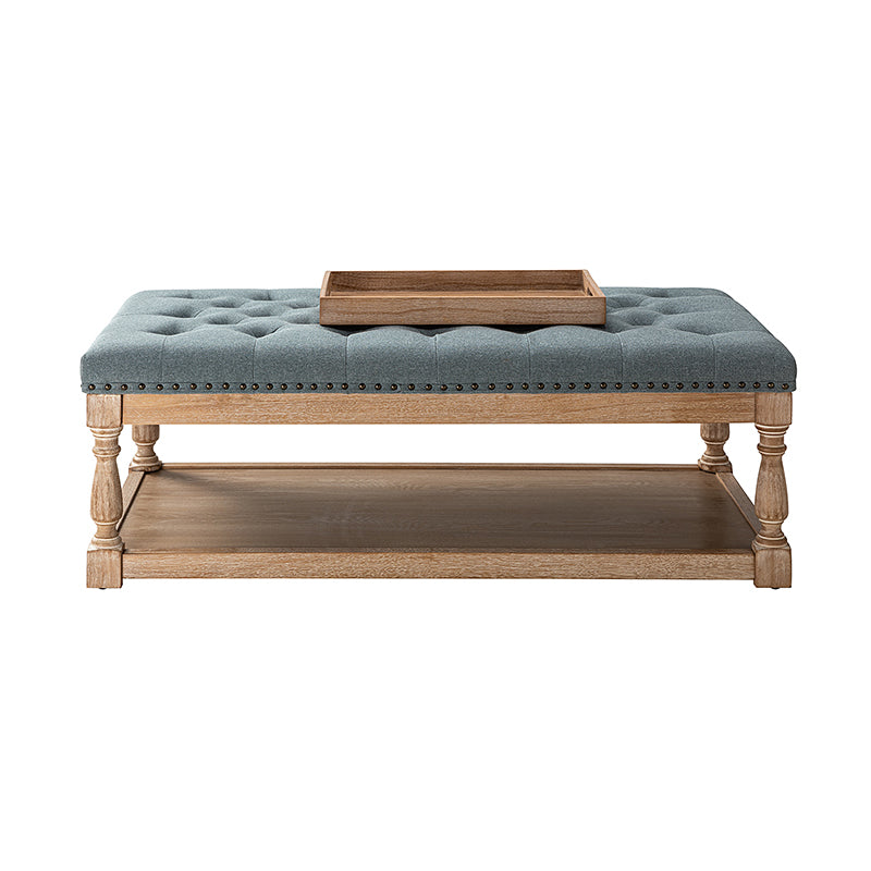 Pouf rectangulaire capitonné avec garniture cloutée et pieds fuseau en bois massif | Ivoire / Bleu / Gris / Lin | Simple