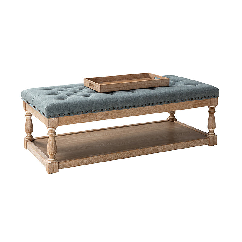 Pouf rectangulaire capitonné avec garniture cloutée et pieds fuseau en bois massif | Ivoire / Bleu / Gris / Lin | Simple