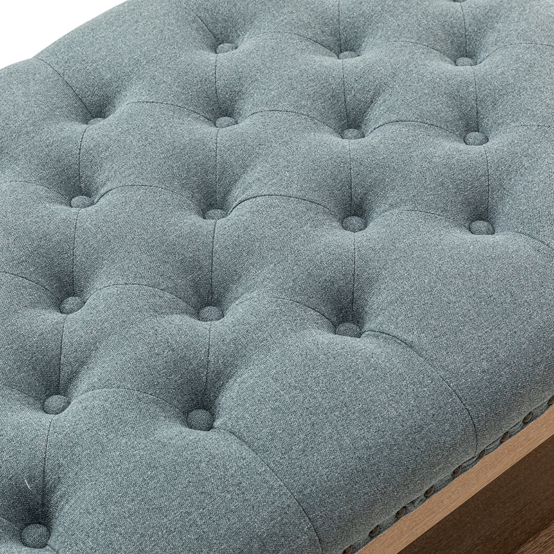 Pouf rectangulaire capitonné avec garniture cloutée et pieds fuseau en bois massif | Ivoire / Bleu / Gris / Lin | Simple