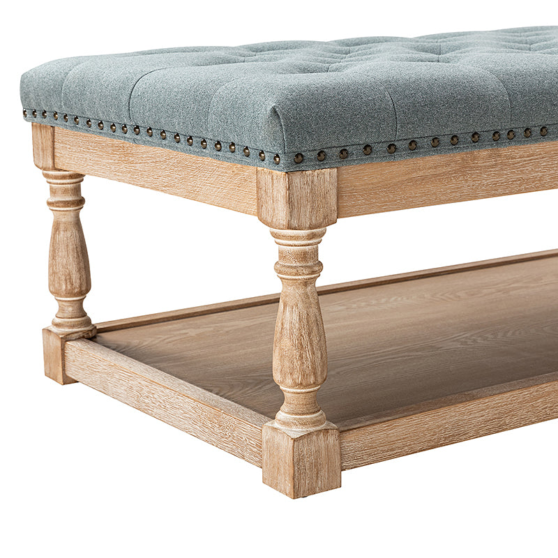 Pouf rectangulaire capitonné avec garniture cloutée et pieds fuseau en bois massif | Ivoire / Bleu / Gris / Lin | Simple