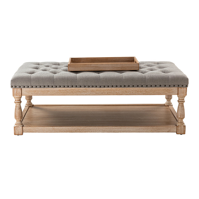 Pouf rectangulaire capitonné avec garniture cloutée et pieds fuseau en bois massif | Ivoire / Bleu / Gris / Lin | Simple