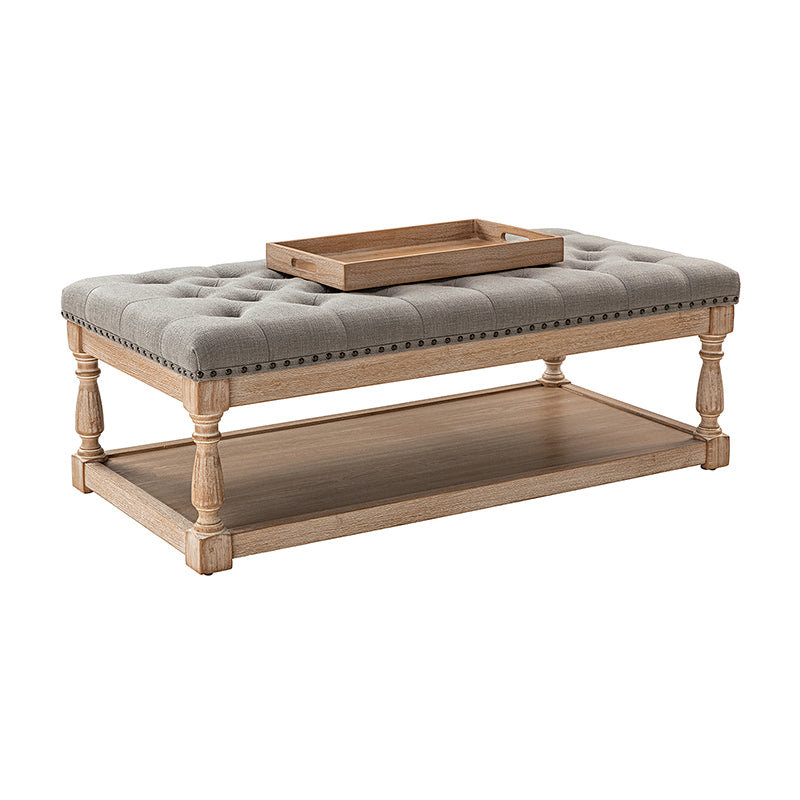Pouf rectangulaire capitonné avec garniture cloutée et pieds fuseau en bois massif | Ivoire / Bleu / Gris / Lin | Simple