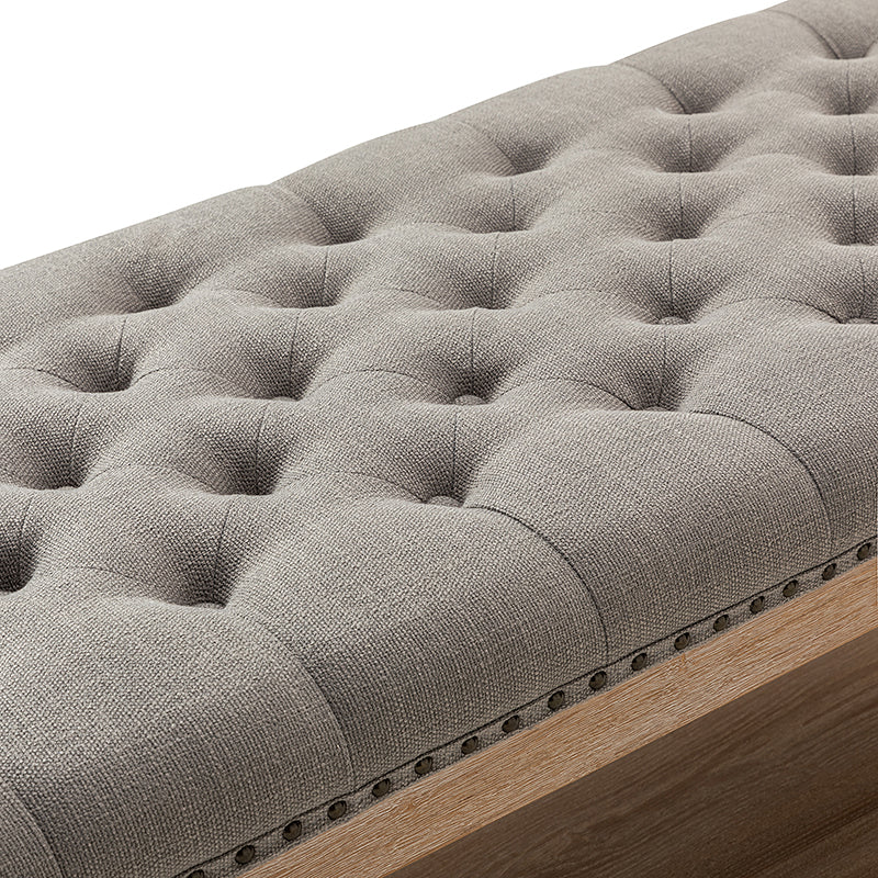 Pouf rectangulaire capitonné avec garniture cloutée et pieds fuseau en bois massif | Ivoire / Bleu / Gris / Lin | Simple