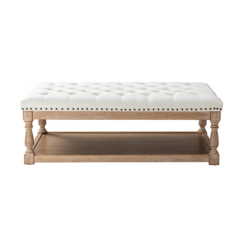 Pouf rectangulaire capitonné avec garniture cloutée et pieds fuseau en bois massif | Ivoire / Bleu / Gris / Lin | Simple