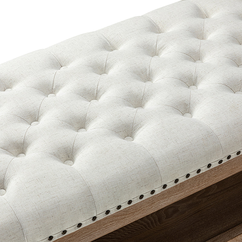 Pouf rectangulaire capitonné avec garniture cloutée et pieds fuseau en bois massif | Ivoire / Bleu / Gris / Lin | Simple