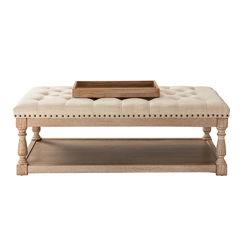 Pouf rectangulaire capitonné avec garniture cloutée et pieds fuseau en bois massif | Ivoire / Bleu / Gris / Lin | Simple