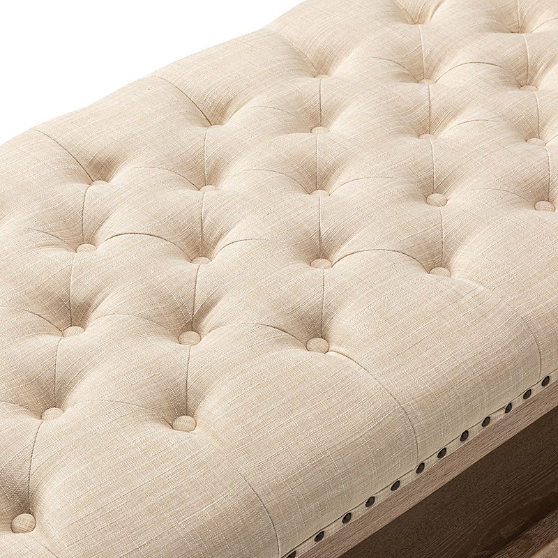 Pouf rectangulaire capitonné avec garniture cloutée et pieds fuseau en bois massif | Ivoire / Bleu / Gris / Lin | Simple