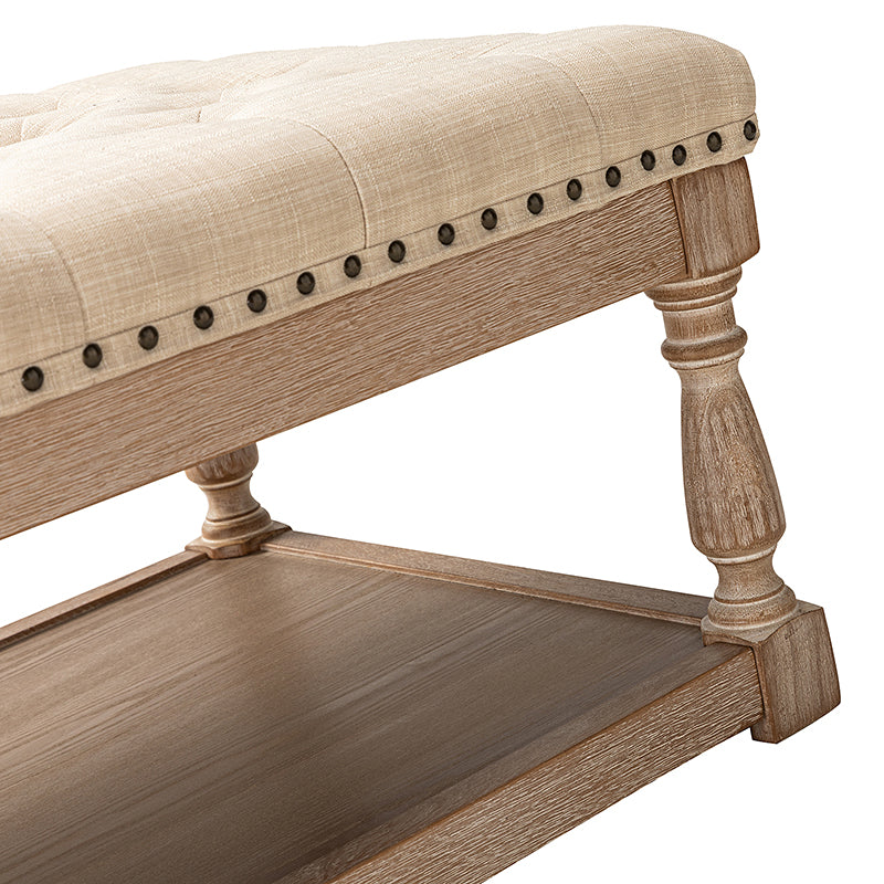 Pouf rectangulaire capitonné avec garniture cloutée et pieds fuseau en bois massif | Ivoire / Bleu / Gris / Lin | Simple