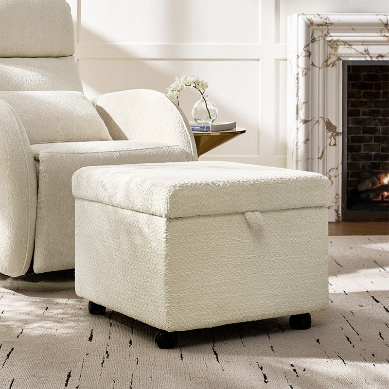 Pouffe de rangement cubique à plateau relevable avec poignée à amortissement, roulettes blocables et pieds en métal noir | Beige / Ivoire / Gris | Simple