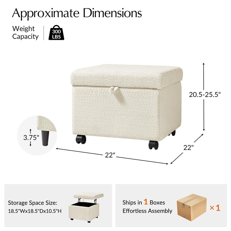 Pouffe de rangement cubique à plateau relevable avec poignée à amortissement, roulettes blocables et pieds en métal noir | Beige / Ivoire / Gris | Simple