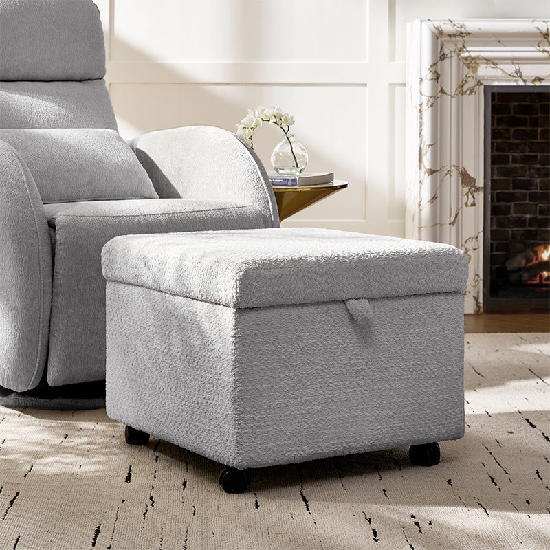 Pouffe de rangement cubique à plateau relevable avec poignée à amortissement, roulettes blocables et pieds en métal noir | Beige / Ivoire / Gris | Simple