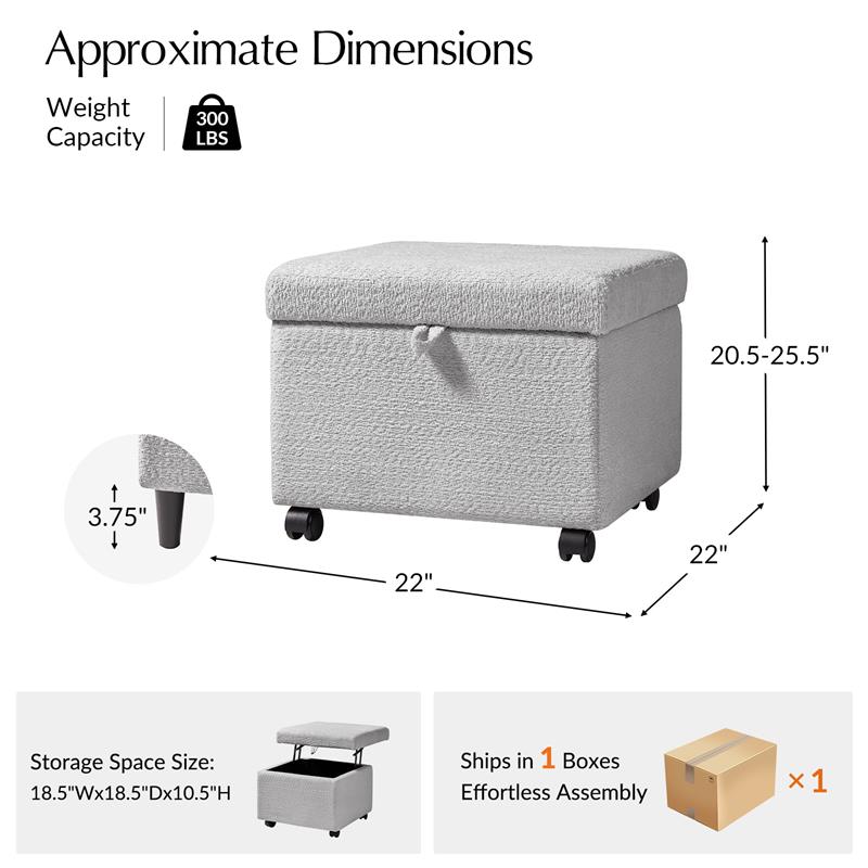 Pouffe de rangement cubique à plateau relevable avec poignée à amortissement, roulettes blocables et pieds en métal noir | Beige / Ivoire / Gris | Simple