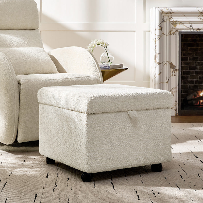 Pouffe de rangement cubique à plateau relevable avec poignée à amortissement, roulettes blocables et pieds en métal noir | Beige / Ivoire / Gris | Simple