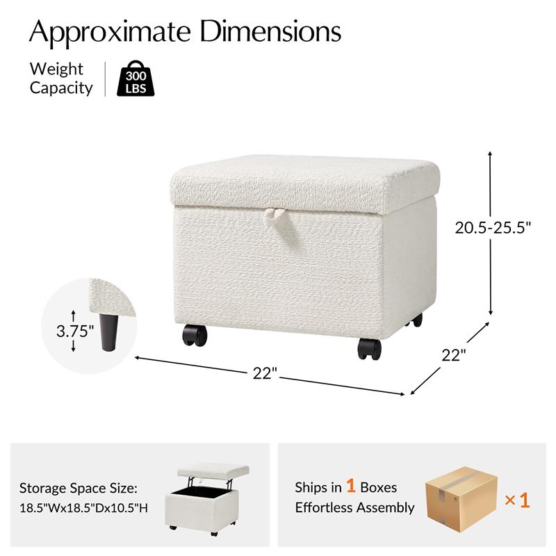 Pouffe de rangement cubique à plateau relevable avec poignée à amortissement, roulettes blocables et pieds en métal noir | Beige / Ivoire / Gris | Simple